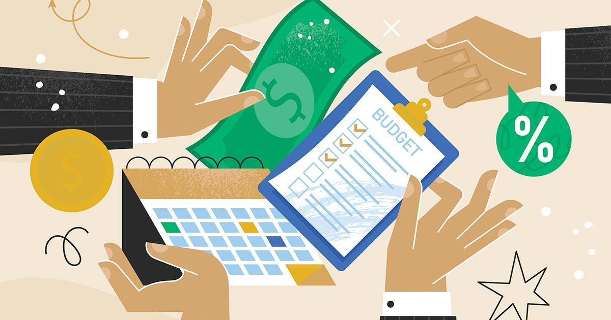 ማስጌጥ። አራት እጆች እና ክንዶች አንድ ትልቅ ሳንቲም የሚገፋ ረጅም እጄታ የለበሱ ግራፊክስ፣ የወረቀት ካላንደር፣ የበጀት ማረጋገጫ ዝርዝር ያለበት ክሊፕ ሰሌዳ እና የተወሰነ ገንዘብ ወደ ፍሬም መሃል።