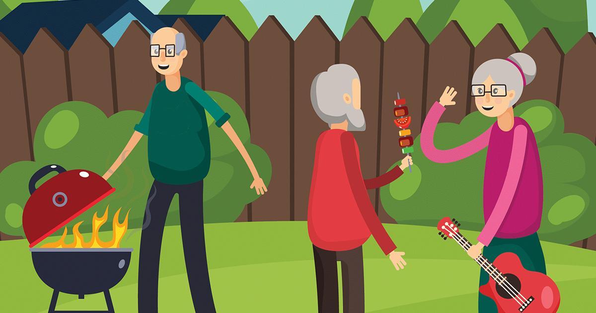Decorativo. Dibujo gráfico de un hombre mayor y dos mujeres mayores disfrutando de la parrilla en un patio suburbano cercado con gramilla, arbustos y flores.