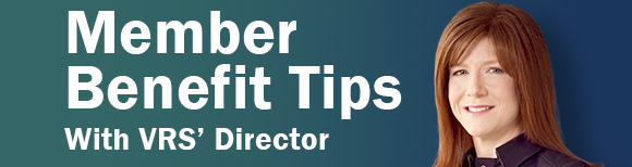 texte lisant des conseils sur les avantages pour les membres avec VRS' directeur et une photo portrait officielle du directeur Patricia S. Bishop