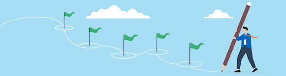 Dessin décoratif d'une personne utilisant un crayon plus grand qu'elle pour entourer cinq drapeaux verts (vert signifiant bon) plantés dans le sol à différentes distances devant elle. Cela indique que les cinq étapes de leur objectif d'épargne ont été franchies.