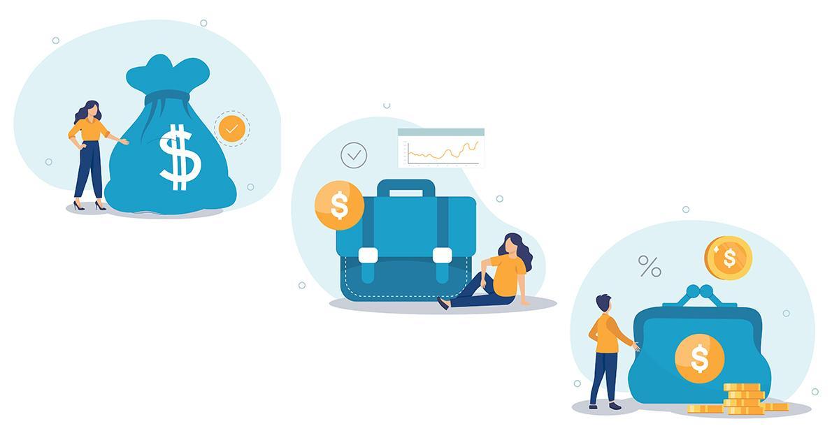 सजावटी। तीन दृश्यों का एक ग्राफिक एक ही महिला को उसके जीवन के विभिन्न चरणों में पैसे के एक अलग बड़े बैग के साथ दिखाता है, प्रत्येक दृश्य यह दर्शाता है कि समय के साथ उसकी बचत कैसे बढ़ी है।