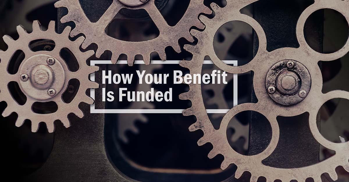 Decorative. Several large metal gears fill the frame. Super imposed amongst the gears is a rectangle with text inside it reading how your benefit is funded.