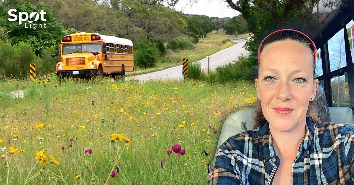 Decorative. Spotlight logo is in the lower left corner over top of a photograph of a school bus on a road next to grass filled with wildflowers. A horse fence is to the right. On the far right is a portrait of Bianca Patterson in the driver