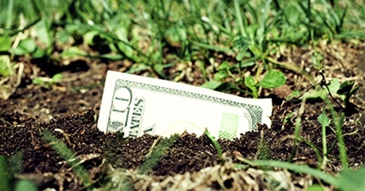 Decorative. One end of a US ten dollar bill sticks up out of the soil with blades of grass growing all around it.
