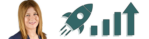 Decorative. On the left is a head and shoulders photo portrait of VRS' Director Patricia Bishop. On the right are graphic icons of a rocket ship and a bar graph with bars in increasing heights, the last with an arrowhead at the top. Both illustrate the concept of rapid financial increase.