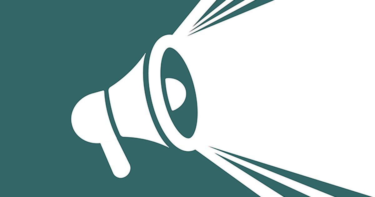 Decorative. A graphic illustration of a bullhorn with loud sounds coming from it.
