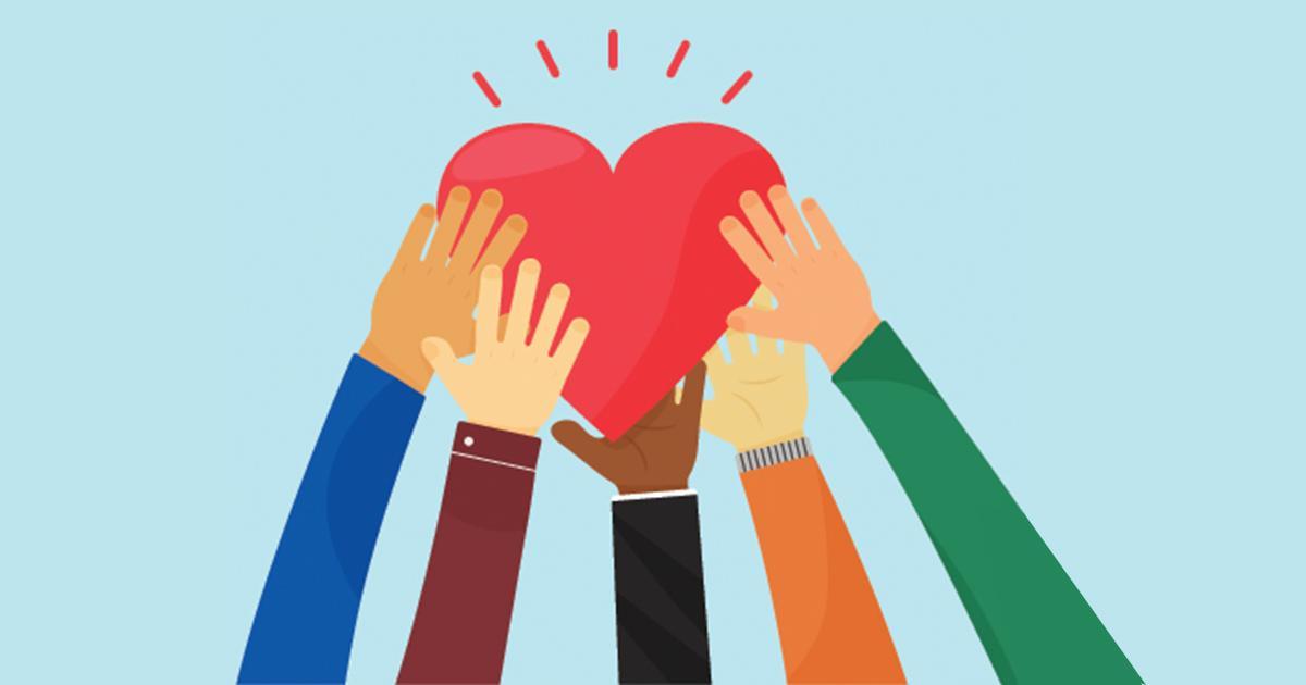 Decorative. A drawing of several hands and arms holding a heart shape aloft.