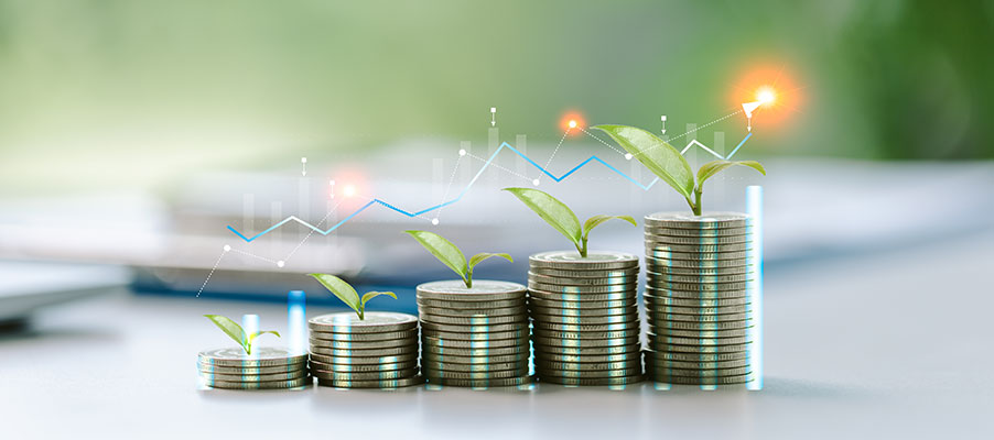 A stack of coins with leaves growing on top.