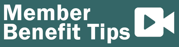 A video camera icon with play button next to text which reads member benefit tips.