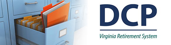 An open file cabinet drawer with a file folder sticking up out of it next to the DCP plans logo