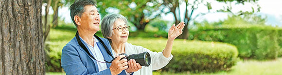 Decorative. An older man and woman stand outdoors. Clipped hedges are in the background. The man holds a 35 millimeter camera and the woman gestures with her left hand to  the view out of frame.