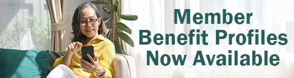 A woman reclines on a couch looking at her phone. To her right is text reading member benefit profiles now available.