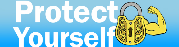 Large text that says protects yourself fills the dimensions of the image. To the right of the text is a drawing of a padlock with a left arm doing a bicep curl signifying strong online protection.