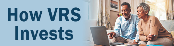 text reading  how VRS invests next to a smiling couple seated on a couch with a laptop computer on the coffee table in front of them.