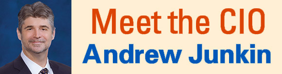 a portrait photo of Andrew Junking next to text which reads meet the CIO Andrew Junkin