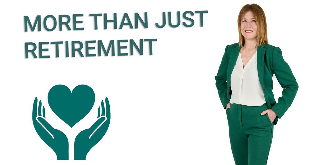 Pandekorasyon. Ang teksto ay nagbabasa ng higit pa sa pagreretiro sa kaliwang itaas. Sa kaliwang ibaba ay isang icon ng dalawang kamay na may hawak na hugis puso. Sa kanan ay isang tatlong-kapat na haba ng larawan ni Patricia Bishop, VRS Director.