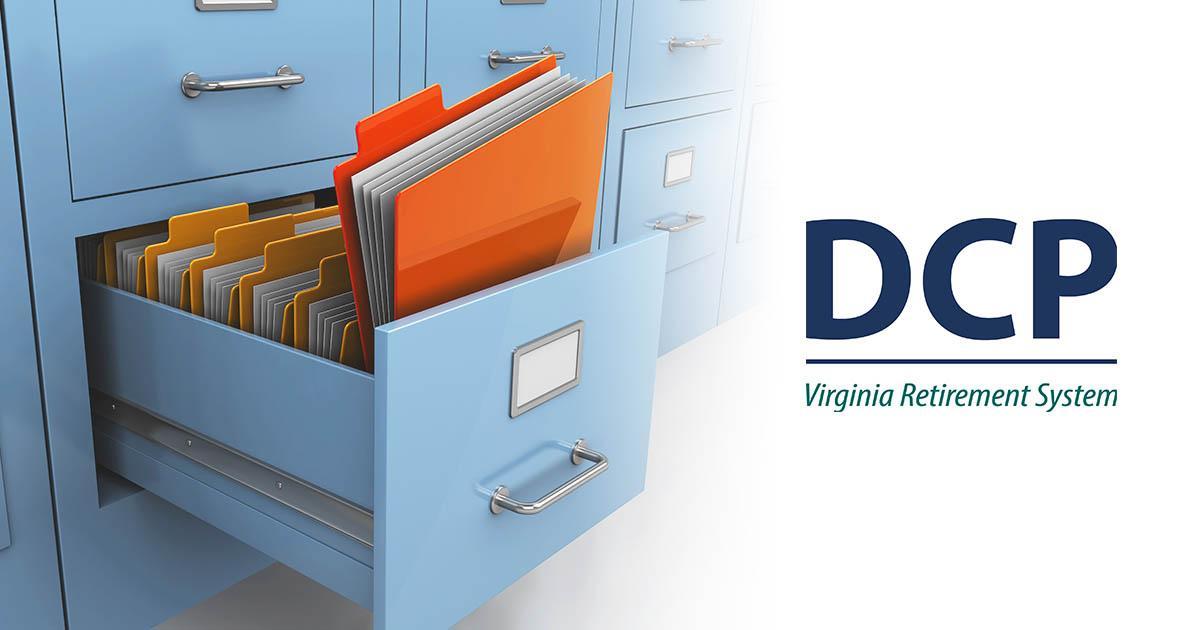 Pandekorasyon. Mga folder ng file na nakadikit mula sa drawer ng file cabinet sa tabi ng logo ng DCP